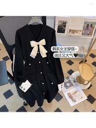 Casual Dresses Knitting V-Neck Long Sleeve Bow Tie Elegant Mid-length Dress Fashion Spring Women Office Lady Style Female Clothing