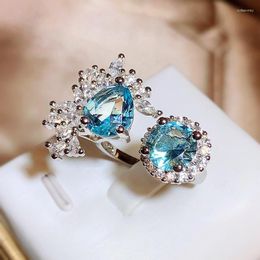 Cluster Rings Exaggerated Irregular Oval Ocean Blue Topaz Sapphire Opening Adjustable Ring For Women Flowers Full Diamond Gift Party Jewellery