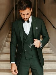 Smokin koyu yeşil yakışıklı çentik yaka damat smokin erkekler takım elbise düğün/balo/akşam yemeği adam blazer ceket pantolon kravat yelek w1251