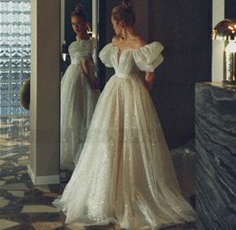 Shiny Glitter Wedding Dress with Puff Short Sleeve Boho Princess Bridal Gown Sequined Vestidos De Novia Custom Made Robe De Mariage