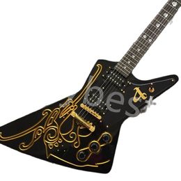 Lvybest Black Electric Guitar Gold Thread HH Pickups Gold Hardware