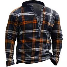 Men's Hoodies Sweatshirts Fashion Casual Buttons VNeck Sweatshirt Men Tees Tops Spring Long Sleeve Vintage Plaid Printing Pullovers Mens Loose 230206