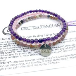 Charm Bracelets 3pcs/set 4mm Healing Energy Stone Women Pendant Purple Amethysts Tourmaline Rose Quartzs Bead BraceletsCharm