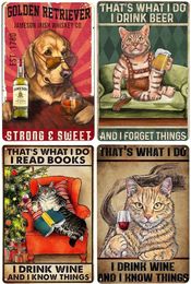 Cats and Wine Vintage Metal Painting Dog and Beer Wall Decoration for Bar Home Club Let Evening Be-Gin Tin Poster Funny Plate 20cmx30cm Woo