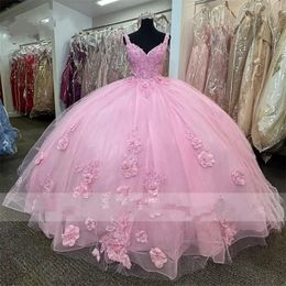 Elegant Pink Princess Ball Gown Quinceanera Dresses Straps Flowers Appliques Crystals Sweet 16 Dress Vestidos De 15 Anos Corset