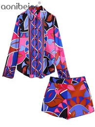 Women's Two Piece Pants Aonibeier Summer Women Chic Geometric Print Pink Suits Traf Top Blouse High Low Hem Shirt Shorts Female 2 Piece Sets 230206