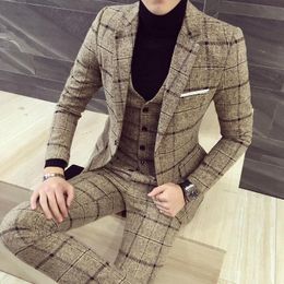 Men's Suits & Blazers Autumn Three-piece Suit Men Slim Fit Fashion Lattice Social Business Casual Temperament British Wind Wedding Dress Man