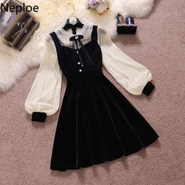 Casual Dresses Neploe Vintage Velvet Black Dress Stand Neck Lantern Sleeve Party Robe High Waist Slim Vestidos Korean Elegant Dresses Women 230207