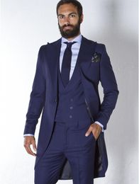Men's Suits Handsome Long Navy Blue Mens Dinner Party Prom Groom Tuxedos Groomsmen Wedding Blazer (Jacket Pants Vest Tie)