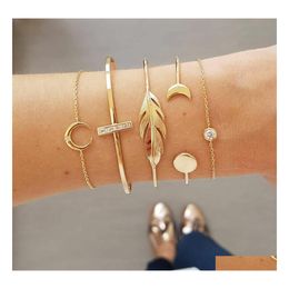 Bangle Bangle 4pcs/set Feather Stars Moon Olive Branch Crystal Open Cuff Bracelet for Women Girl Gold Plating Adjustable Wire Fashion Jewel Dhsr3 Lj7u