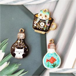 Charms 10Pcs Fangle Cartoon Printed Cup Cat Bb Fish Metal Pendants Oil Drop Gold Tone Enamel Diy Earring Jewellery Accessory Delivery Dht7V