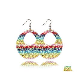 Dangle Chandelier Fashion Design Rainbow Leather Earring Sparkly Sequins Teardrop Printing For Bohemian Jewellery Women Girls Drop D Dhhom