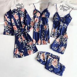 Women's Sleepwear Lace Patchwork 5PCS Nightgown Kimono Bathrobe Gown Satin Lady Nighty&Robe Suit Sexy Home Clothes White Wedding Robe