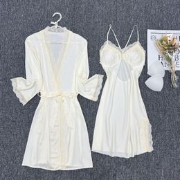 Women's Sleepwear Beige 2PCS Women Robe Gown Sets Bride Wedding Lace Trim Lingerie Kimono Bathrobe Sexy V-Neck Nightdress Home Sleepshirts C