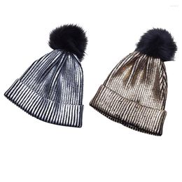 Berets Winter Warmer Metallic Shiny Knitted Crochet Caps Hats Pompom Skullies Hairball Accessories Skiing Cycling Golden