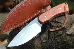 Promotion M6691 Survival Straight Knife 7Cr13Mov Satin Drop Point Blade Full Tang Rosewood Handle Fixed Blade Knives with Leather Sheath