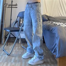 Men s Jeans FOJAGANTO Jean Pants National Retro Straight Wide Leg Blue Loose Casual Couple High Street Denim Male 230207