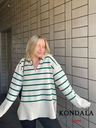 Women's Sweaters KONDALA 2023 Vintage Green Striped Knitted Oversized Long Women V Neck Casual Loose Pullovers Female Elegant Tops 230206