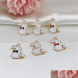 Charms 20Pcs 13X17Mm Diy Material Enamel Pearl Bow Rabbit Shape Ornament Bracelet Pendants For Necklace Earring Jewellery Making Drop Dhkgv