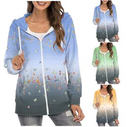 Women's Jackets Women Fitted Jacket Printed Coats Zipper Hooded Long Sleeve Coat Casual Sweatshirt Pocket For BlueWomen's