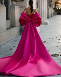 Romantic Mermaid Evening Dresses Pink Satin With Detachable Bow Train Sleeveless Splilt Prom Gowns Sweetheart For Birthday Party V3232