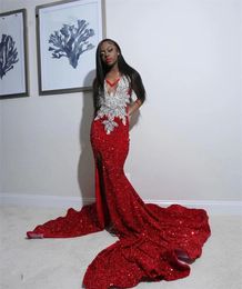 Sparkly Red Sequins Mermaid Prom Dresses For Black Girls Side Split Crystals Party Gown Tail Robes De Bal