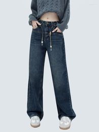 Women's Jeans Chic Metal Chain Women High Street Wide Leg Denim Pants Female Loose Casual BF Trousers 2023 Dark Blue Straight