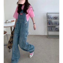 Women's Jeans Niche Contrast Color Labeling Denim Wide Leg Suspender Pant Loose All Matching Long Casual Overalls Jumpsuits 230206