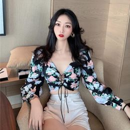 Women's Blouses & Shirts QWEEK Floral Print Crop Top Women Puff Long Sleeve For Spring 2023 Fashion Korean Style Y2k Bustier