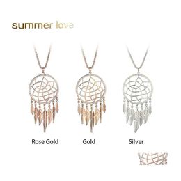 Pendant Necklaces Round Hollow Dream Catcher Crystal Choker Necklace For Women Long Leaf Feather Tasssel Alloy Jewelry Drop Delivery Dhymv
