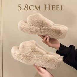 Slippers Fashion High End Luxury Fur Women Furry Shoes Wedges Plus Size 35-42 High Heel Autumn Winter Indoor Casual Warm Furry Slippers 230207
