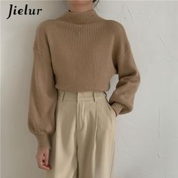 Women's Sweaters Jielur Lantern Sleeve Sweater Turtleneck Office Lady Pure Colour Knitted Pullover Loose White Khaki for 230206