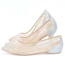 Dress Shoes 2023 Summer Hollow Gold Wedding Shallow Mouth Mesh Single Women's Rhinestone Pointed Stiletto High Heels