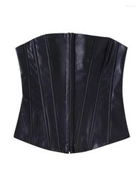 Women's Tanks YENKYE Women Black Faux Leather Bralette Camis Crop Top Strapless Backless Short Sexy Tops