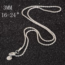 3MM 925 sterling silver twist chain fashion necklace 16 18 20 22 24 26 28 30 inch women's