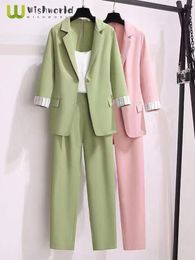 Womens Two Piece Pants spring Korean elegant womens suit female blazer leisure pants Tweed jacket three piece set 230207