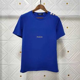 Casual Women T-Shirt Shoulder Gold Button Bronzing Letter Short Sleeve Designer Tops Xs-xxl