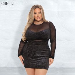 Plus size Dresses XL 2XL 3XL 4XL Plus Size Women's Spring and Autumn Sexy Perspective Dress Mesh Stitching Bright Silk Tight Bag Hip Skirt Female 230207