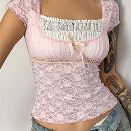 Women's TShirt Y2k Pink Trim Crop Top Bow Cute Sweet T Shirt Women Retro Short Sleeve Lace Patched Summer Tee Korean Tshirt Coquette Aesthetic 230206