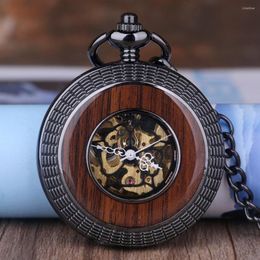 Pocket Watches Retro Wood Mechanical Watch Hollow Skeleton Roman Numerals Fob Pendant Chain For Men Women