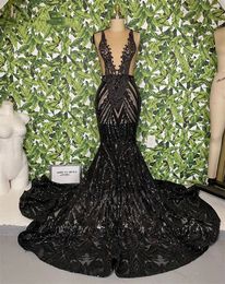 Black Sequins Mermaid Sparkly Long Prom Dresses 2023 Backless Crystals Birthday Party Reception Robe De Bal