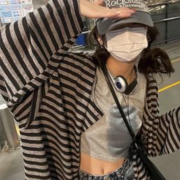Women's TShirt Harajuku Y2k Top Black Grey Striped Cardigan Autumn Loose Casual LongSleeved Woman Clothes Grunge Korean Fashion 230206