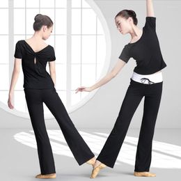 Active Sets Adult Women Black Yoga Set Dance Pilates Sportswear Suit Fitness Clothing Solid Shirt Flare Pants With Elastic Band