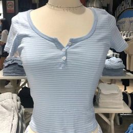 Women's TShirt Classic Striped Slim Crop Top Summer Button ONeck Soft Cotton Short Sleeve Tshirts Chic Sweet Fashion Y2k Tops 230206