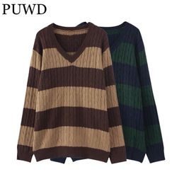 Women's Sweaters PUWD Vintage Women V Neck Stripe Loose Pullover Spring Fashion Ladies Streetwear Knitted Y2K Girls Chic Knitwear 230206