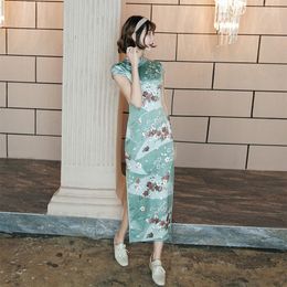 Ethnic Clothing Green Plus Size 4XL Women Elegant Dresses Chinese Cheongsam Long Satin Dress Daily Flower Qipao