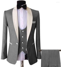 Men's Suits Style Groomsmen Shawl Ivory Lapel Groom Tuxedos Grey Men Wedding Man ( Jacket Pants Bow Tie Vest )