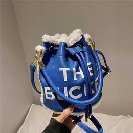 2023 Purses Clearance Outlet Online Sale Red Lamb Wool Bucket New Versatile Drawstring Handbag Popular Simple Casual One Shoulder Crossbody Bag