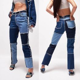 Women's Jeans Casual Women Pants Street Wear Wash Blue Denim Retro High Stretch Panel Raw Edge Straight Leg 230206