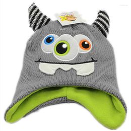 Berets Cartoon One Eye Monster Devil Knitting Cotton Beanies Cap Plush Winter Warm Cute 3 Eyes Toothy With Horn Kid Fleece Lining Hat